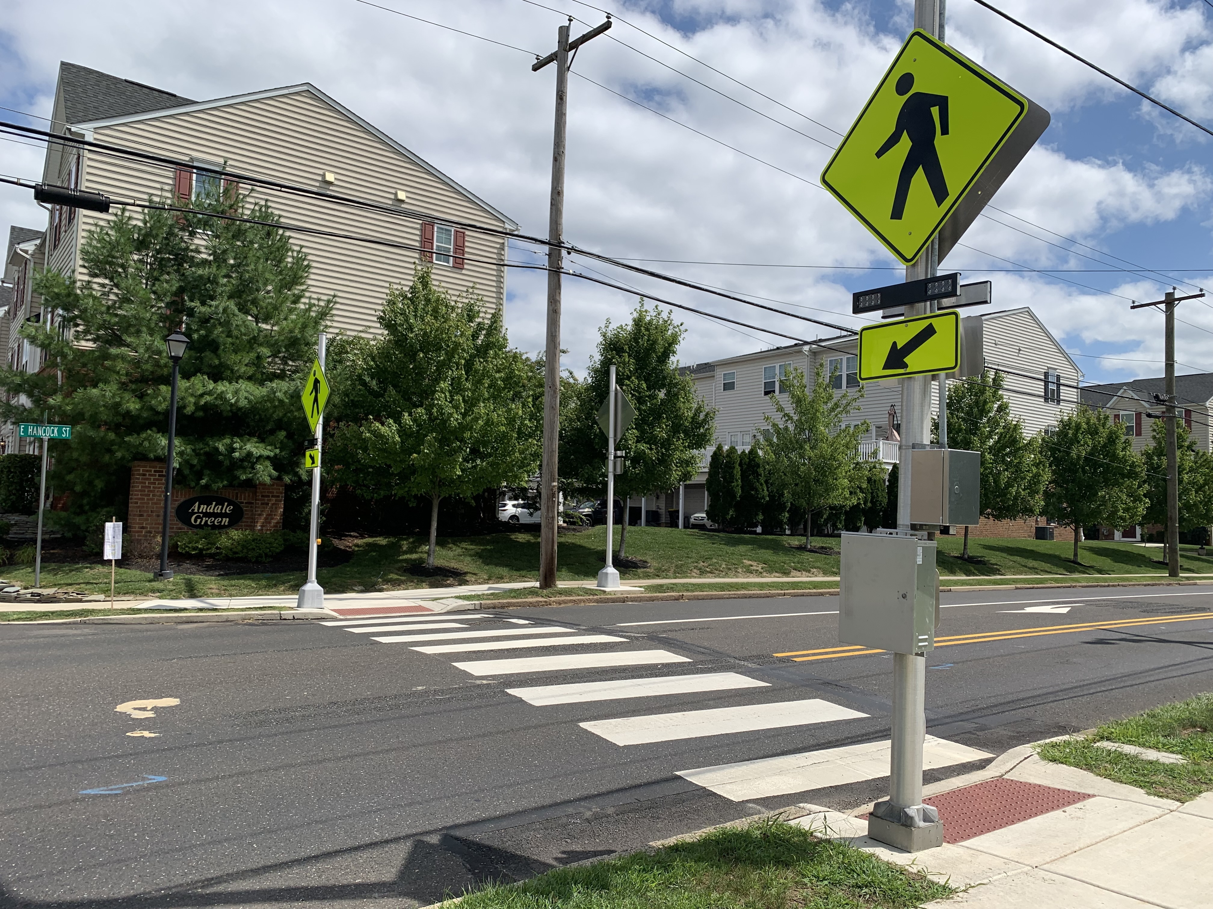 Crosswalk with Pedestrian-Activated Warning Lights, East Hancock Street